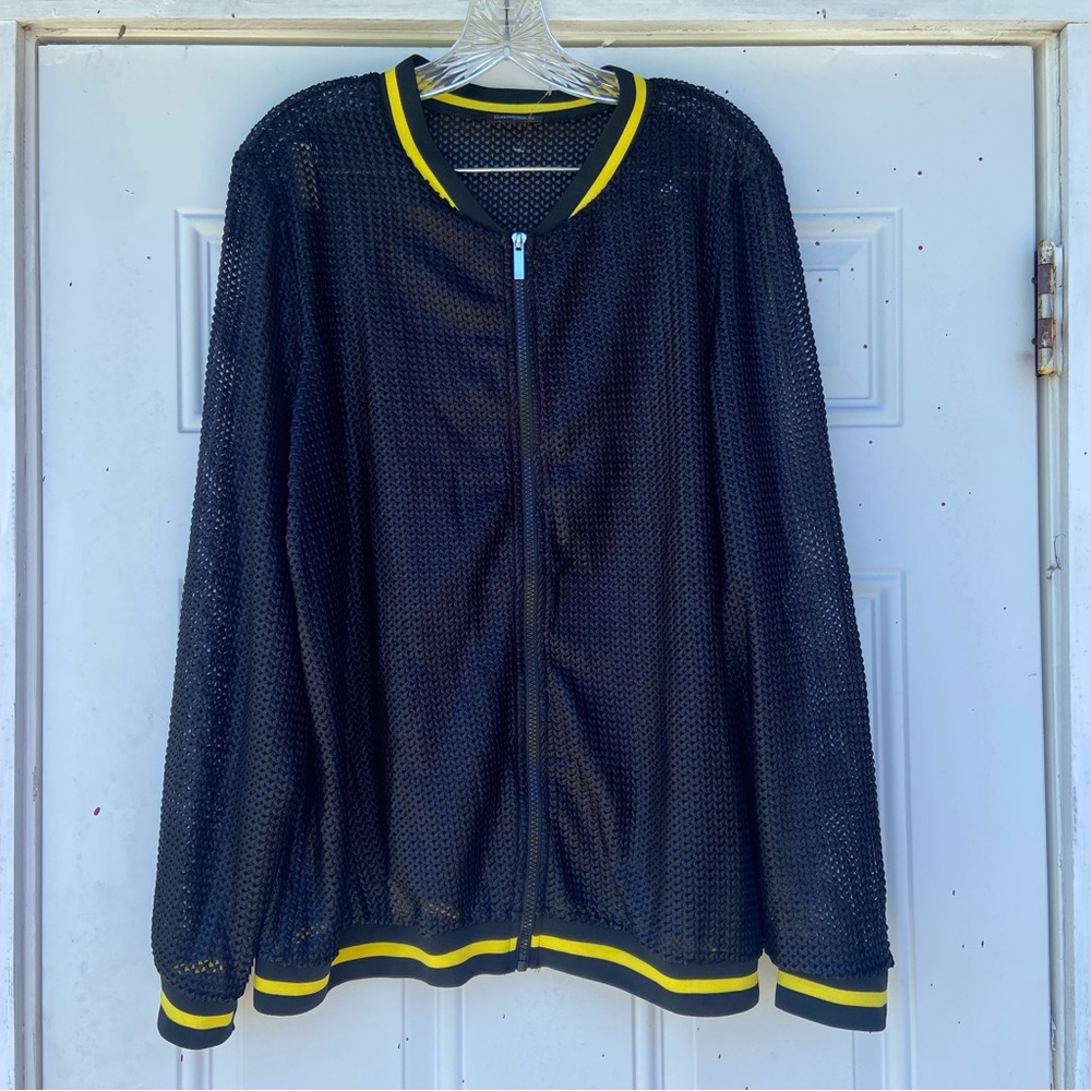 Conrad Collection Chic Black Mesh Bomber Jacket with Yellow Trim